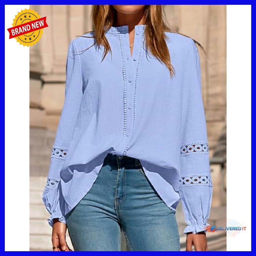 Long Sleeve Cotton Eyelet Blouse Boho Button Up Shirt Women's - Picture 7 of 8